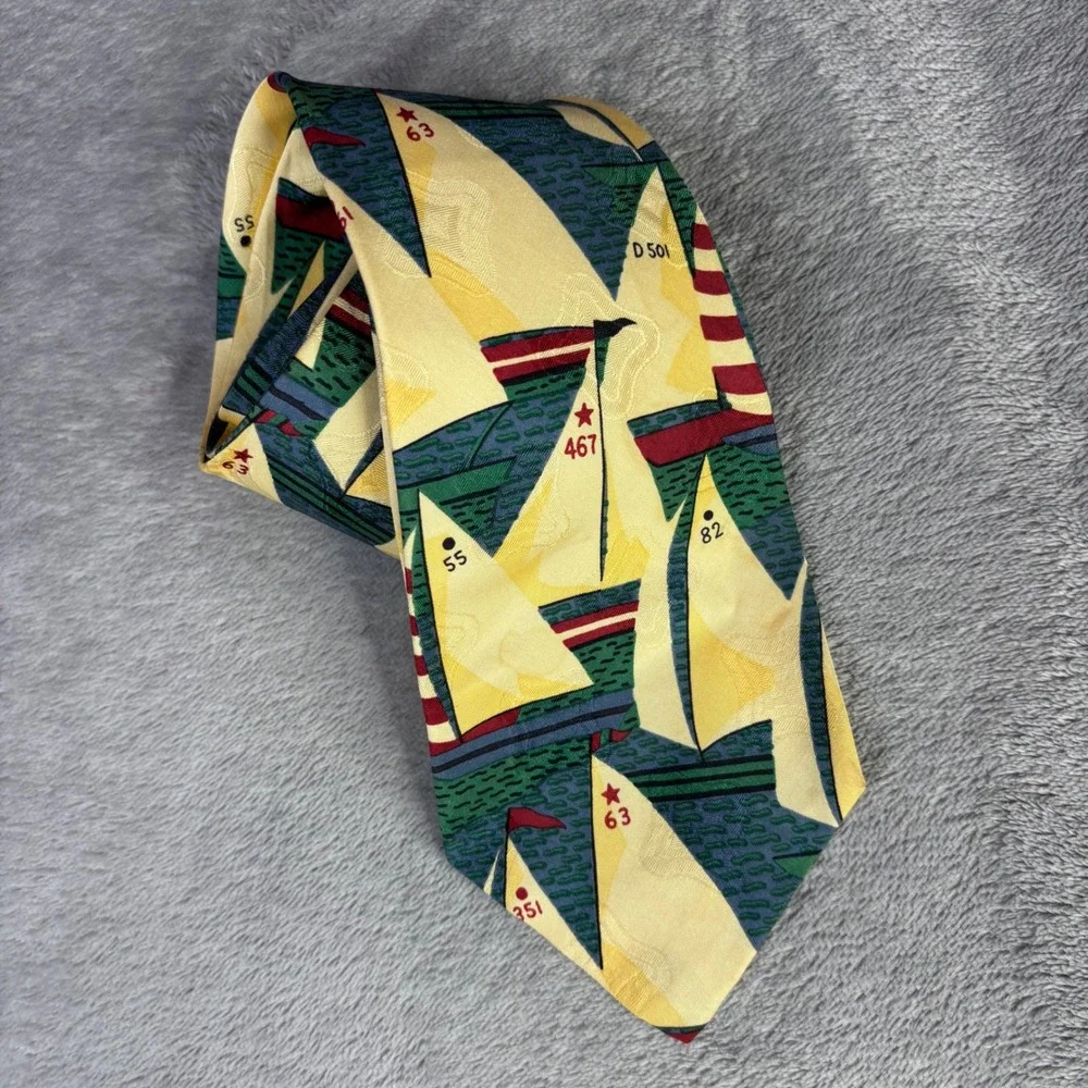 Polo Ralph Lauren Necktie Mens OS Yellow Nautical Sailboat Silk Made By Hand Tie